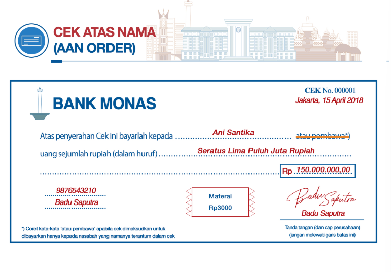 Contoh Cek Atas Nama atau Aan Order