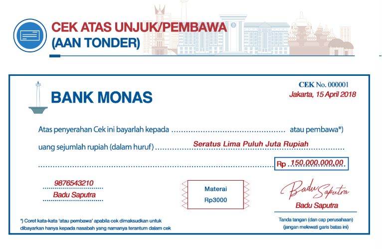 Contoh Cek Atas Unjuk atau Pembawa