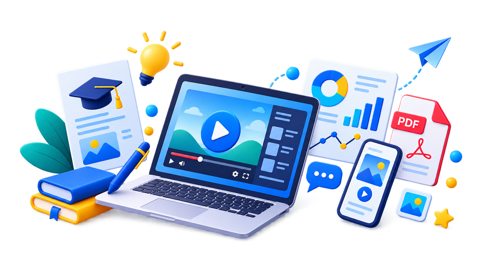 Ilustrasi materi, video, PDF, poster, dan infografis edukasi